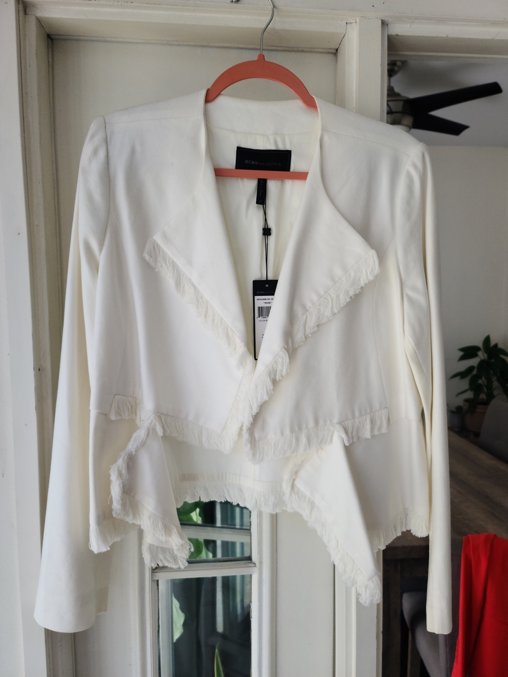 BCBGMaxAzria White Fringed Draped Blazer Jacket
